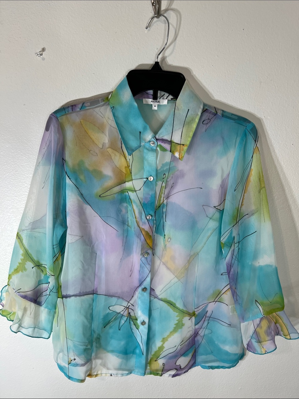 NICOLA Pastel Watercolor Sheer Button-Up Blouse in Aqua & Lavender
